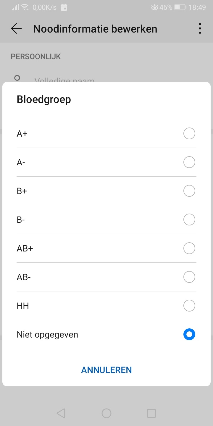 een voorbeeld van het submenu met bloedgroep keuze