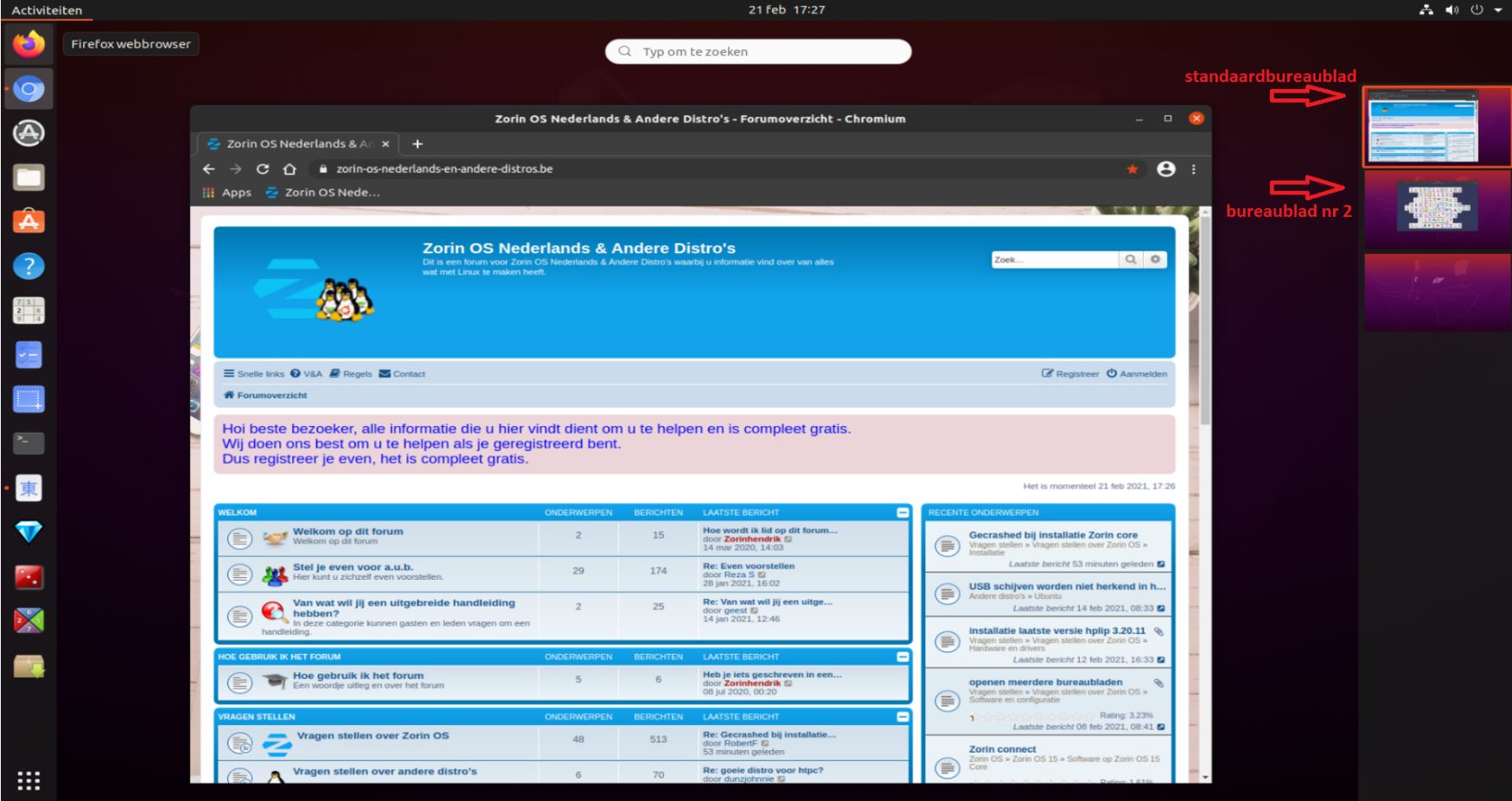 Screenshot van meerdere bureaubladen in Ubuntu 20.04 LTS