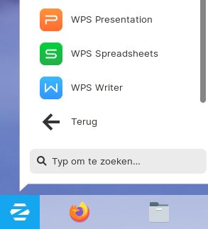 afbeelding van WPS Office icoontjes in de lijst van alle programma's in Linux